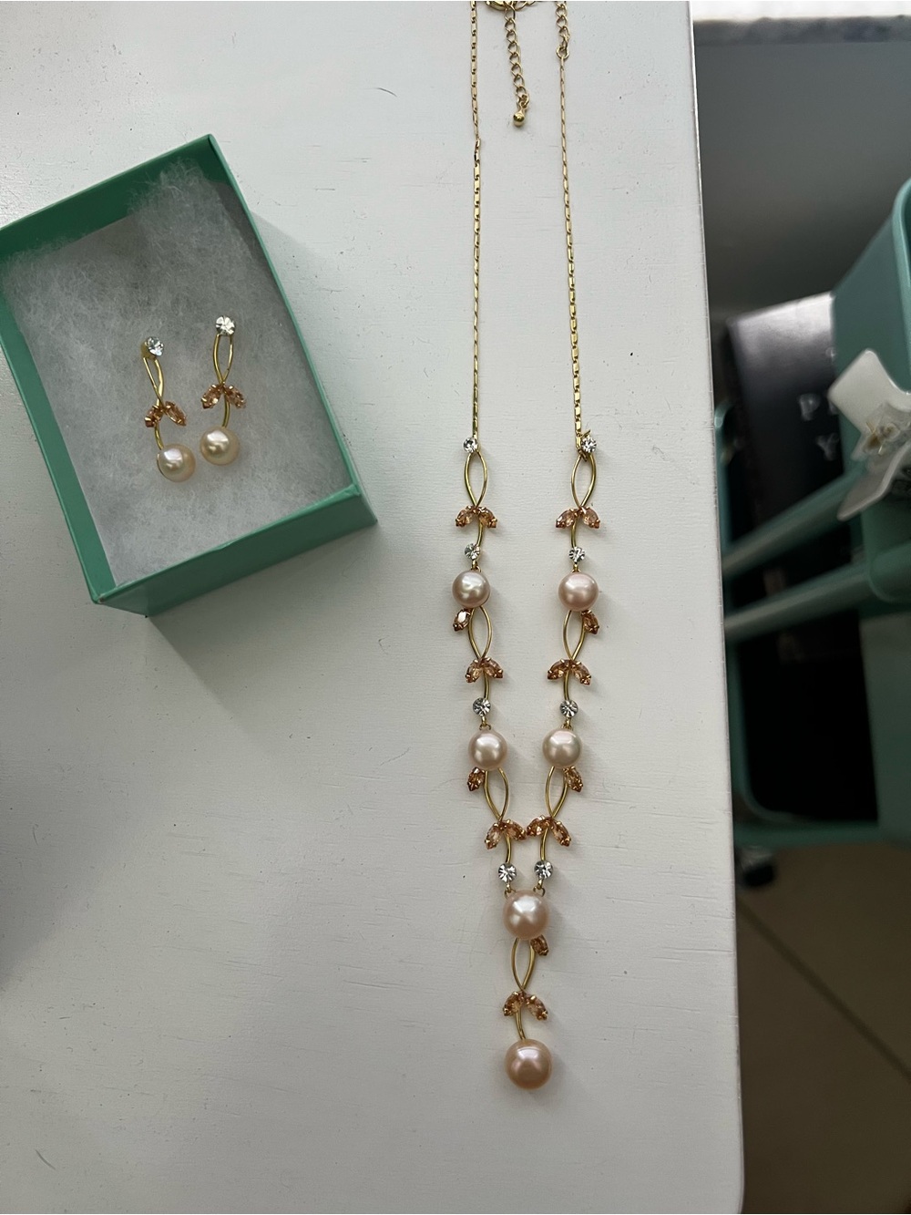 Gold-Tone Pink Pearl Drop Necklace and Earring Set